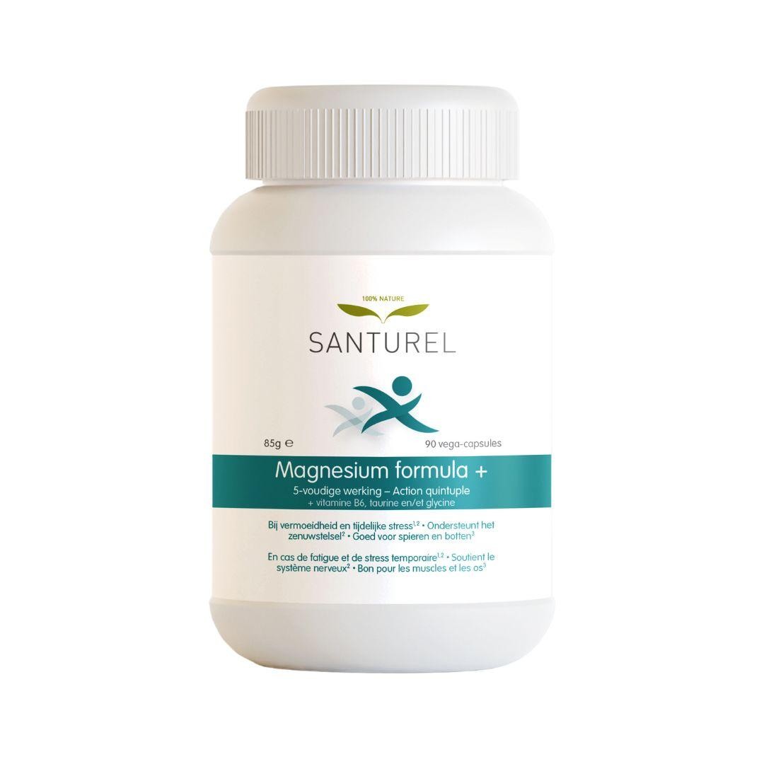 Magnesium formula + pot van Santurel, 90 vega-capsules met drievoudige magnesium voor energie en spiergezondheid.