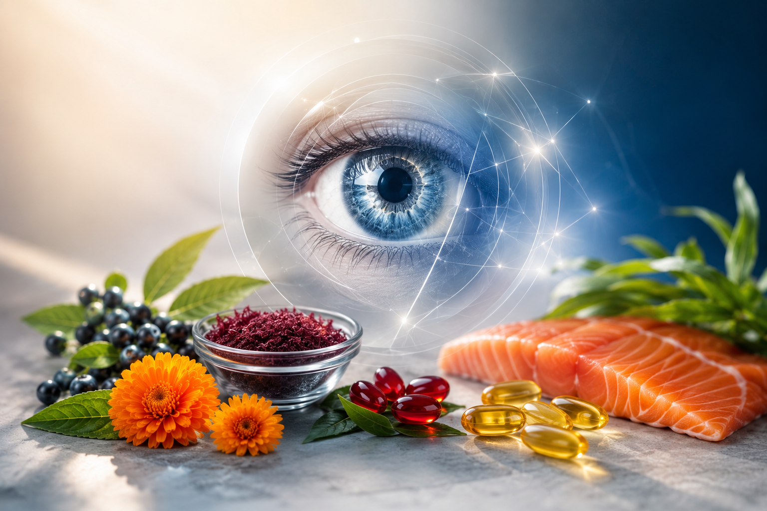 Macula en Netvlies, op foto is er zalm, omega-3 en een oog te zien