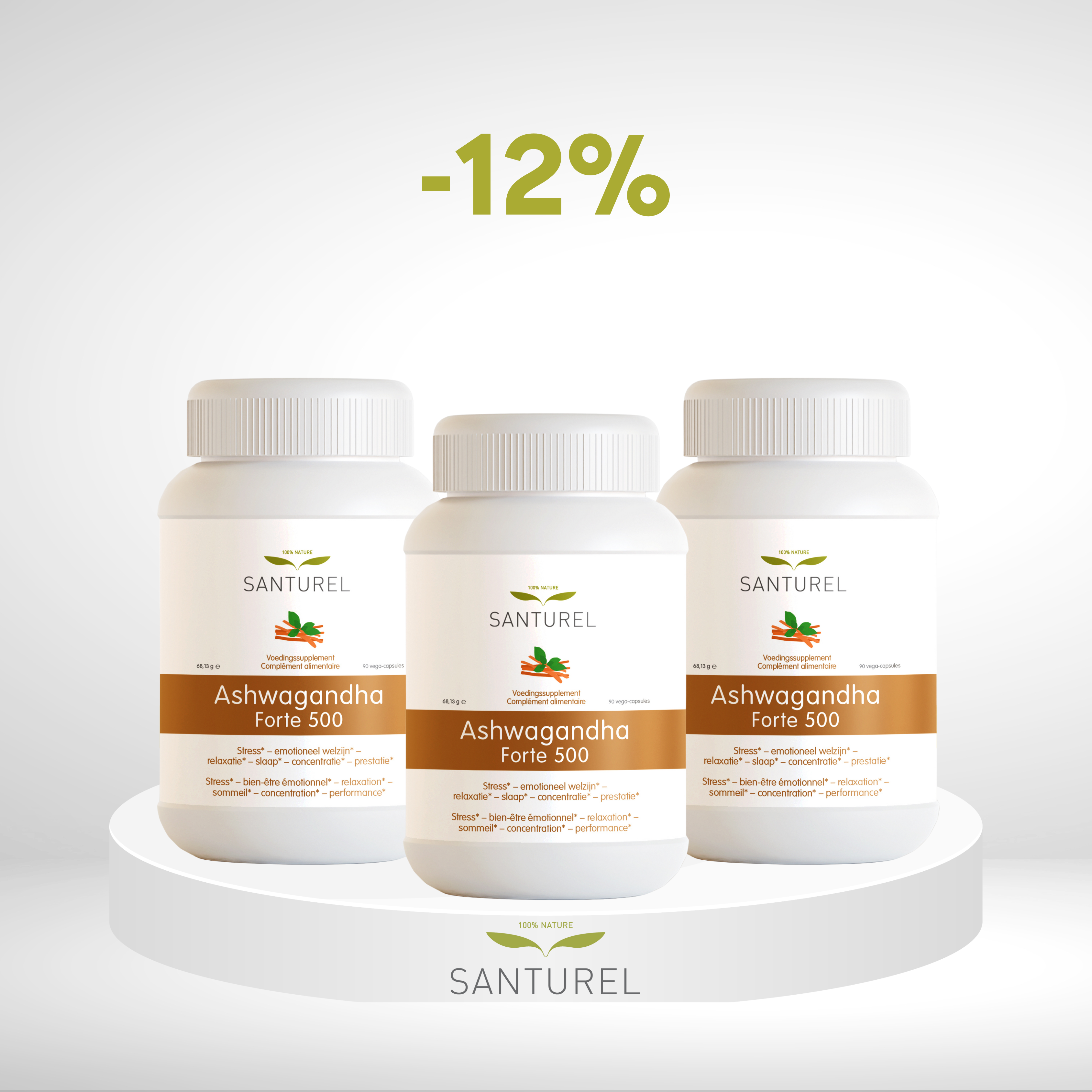 3 X Ashwagandha Forte 500 potten van Santurel, 3 X 90 capsules met 500 mg ashwagandha voor stressverlichting en energie