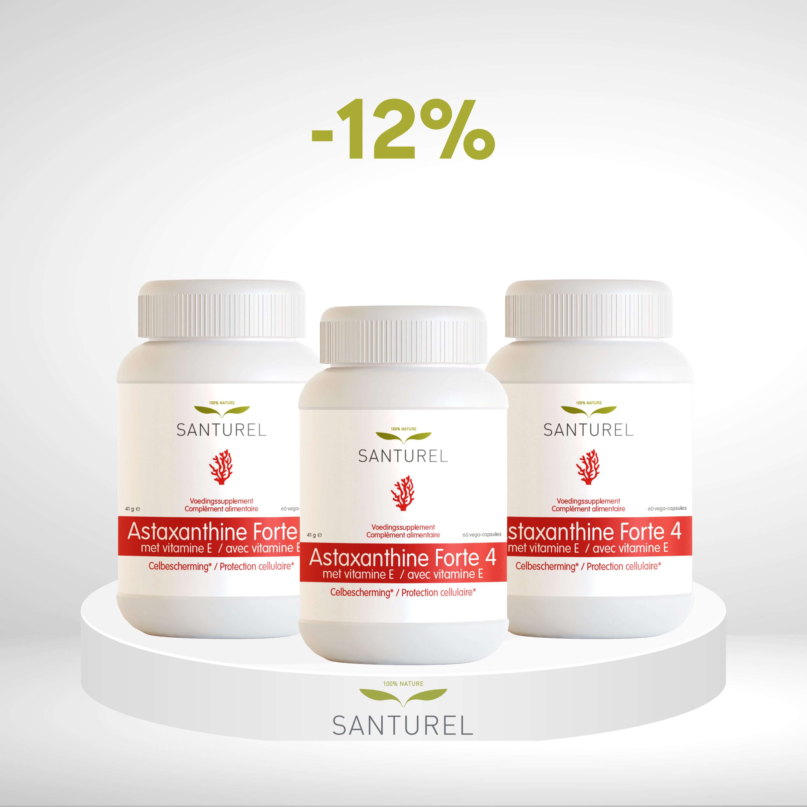 3 X Astaxanthine pot van Santurel, 60 vega-capsules met natuurlijke antioxidant voor huid- en oogondersteuning.