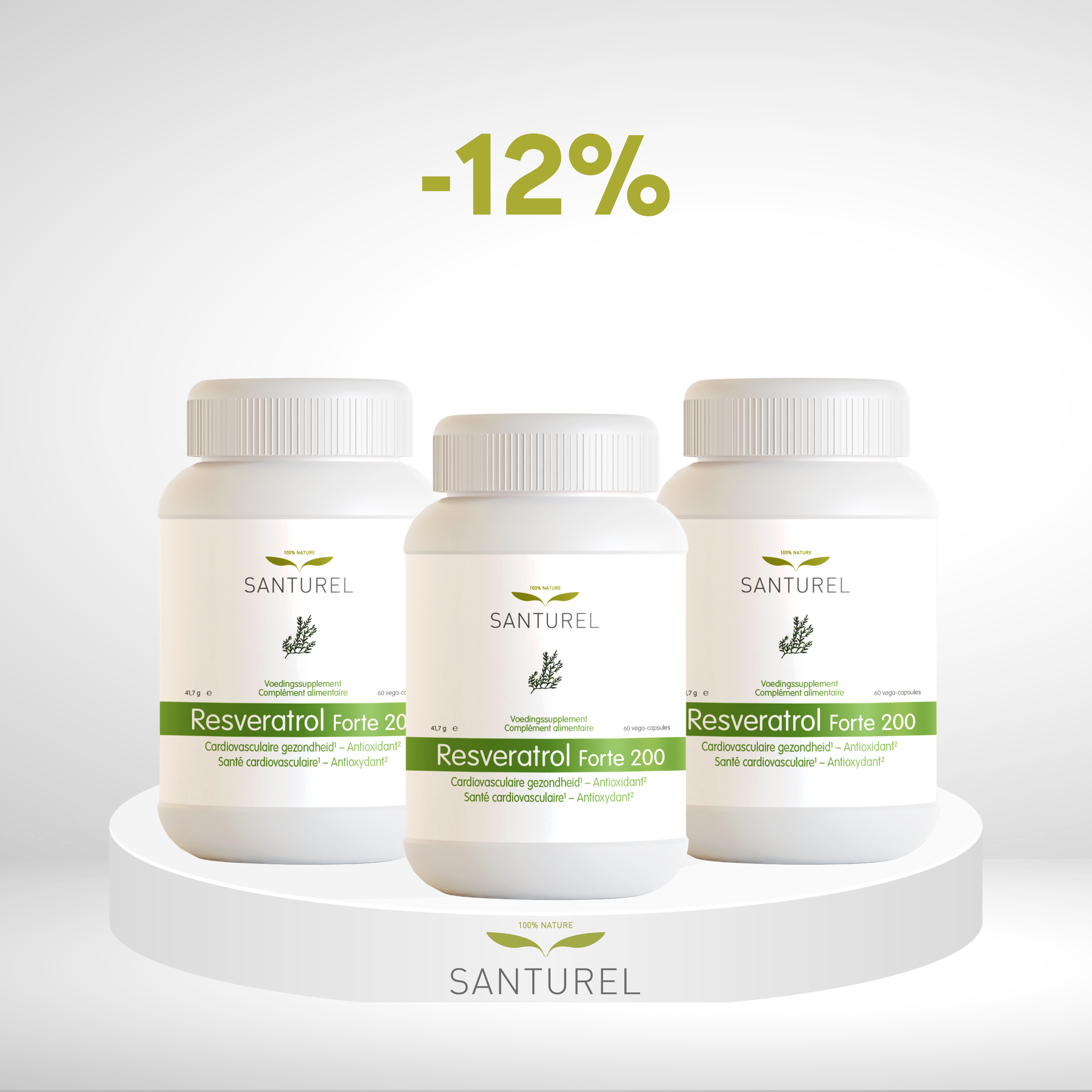 3 X Resveratrol Forte 200 potten van Santurel, van elk 60 vega-capsules met 200 mg resveratrol voor antioxidant-ondersteuning en hartgezondheid.