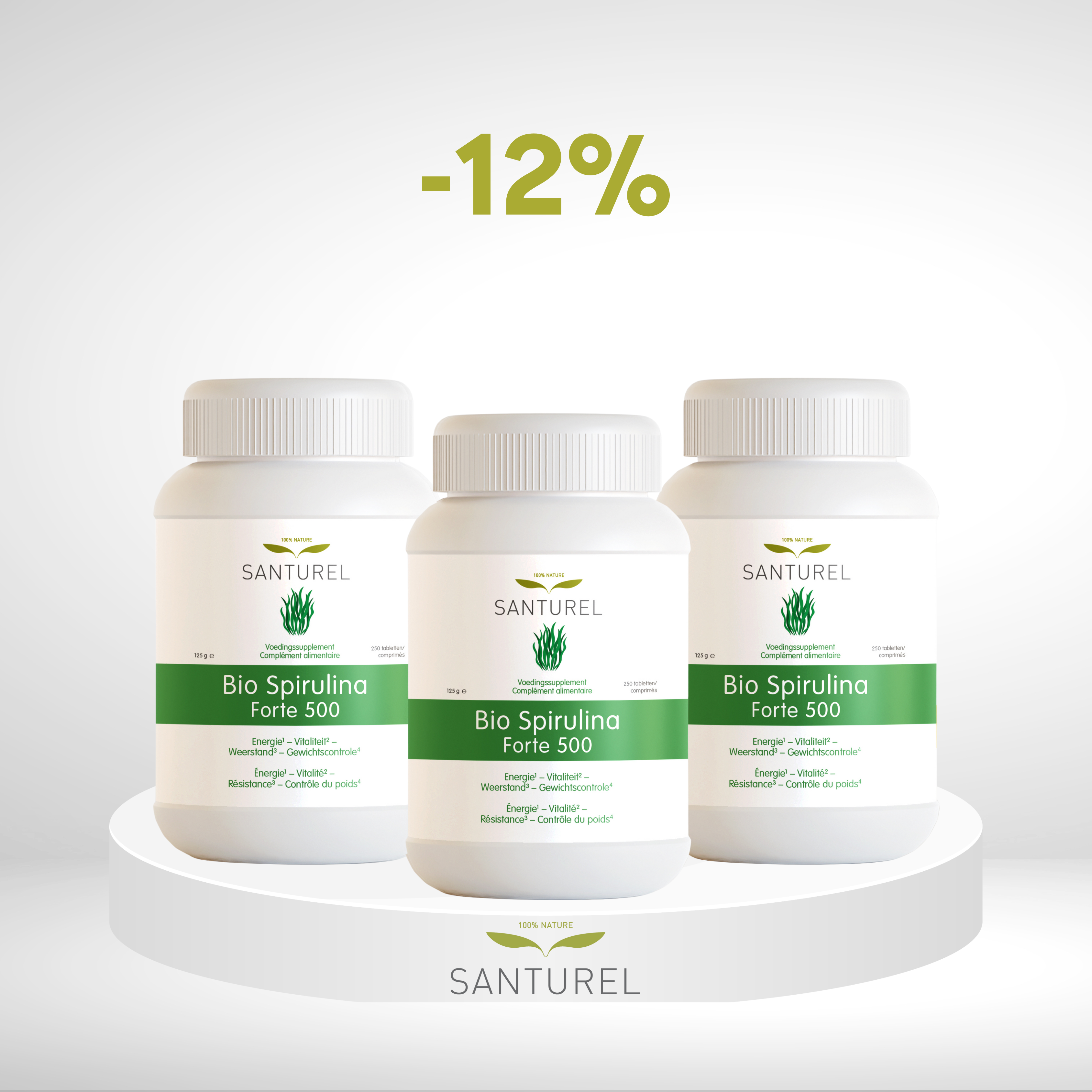 3 X Bio Spirulina Forte 500 potten van Santurel, 3 X 250 Tabletten met 500 mg spirulina voor energie en antioxidant-ondersteuning